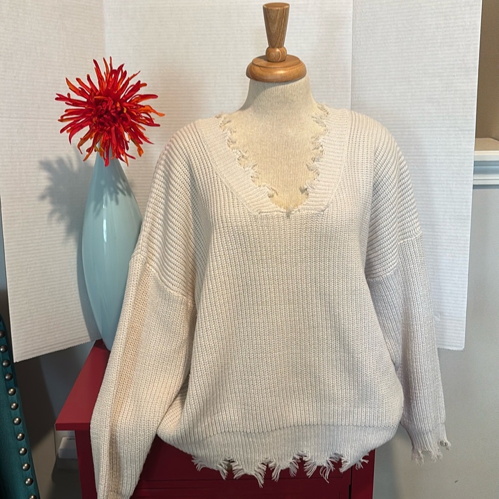 XL Zenana Distressed Beige Sweater